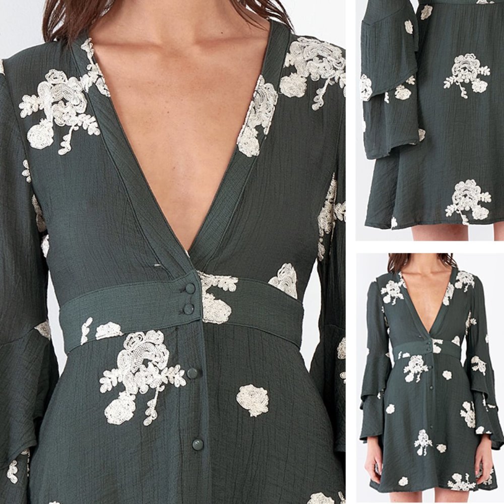 Floral Embroidery V Neck Bell Sleeves Boho Dress - Picture 5 of 8